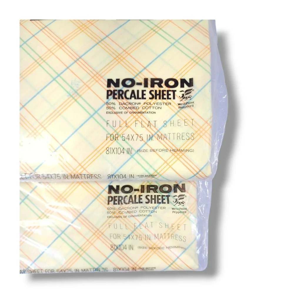 Vintage MARTEX Full Size No-Iron Percale 2-Flat Sheets 1-Pillowcase Yellow Plaid
